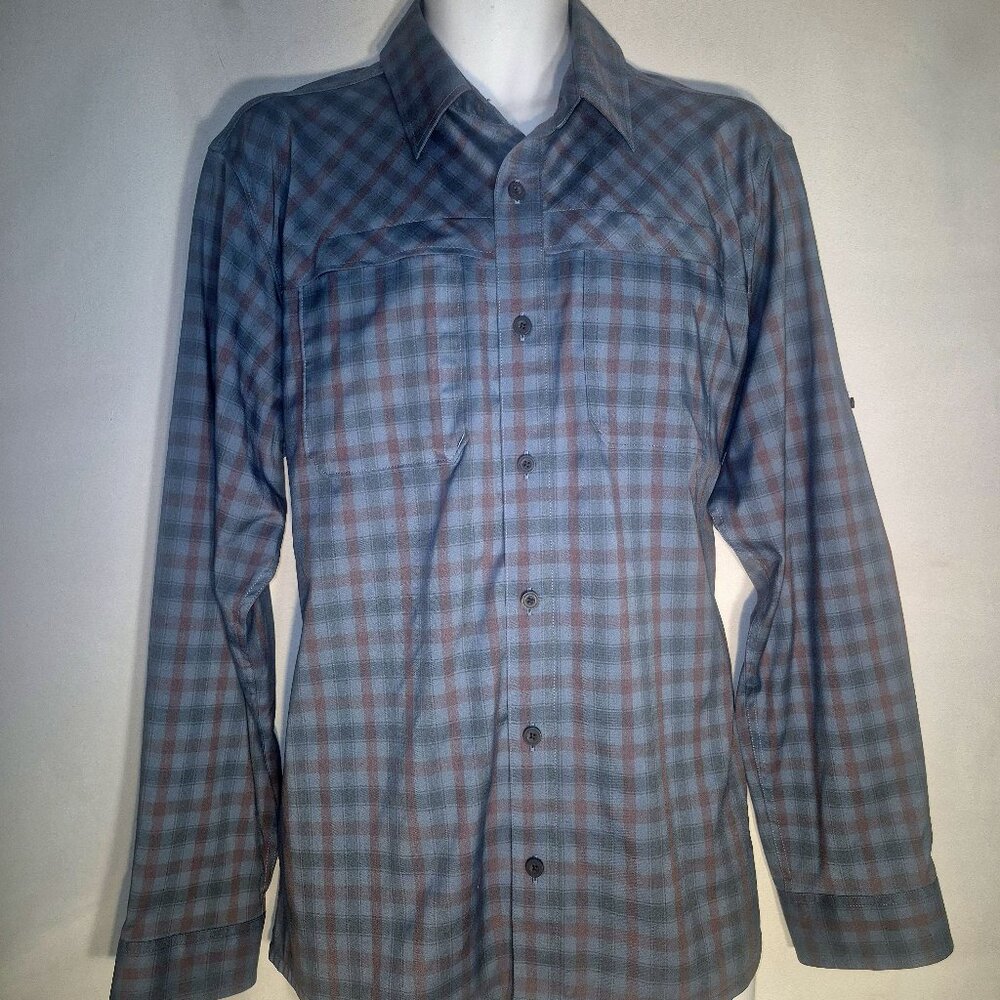 EMS Button front shirt, Turquoise and copper checkered design. size Medium NWOT